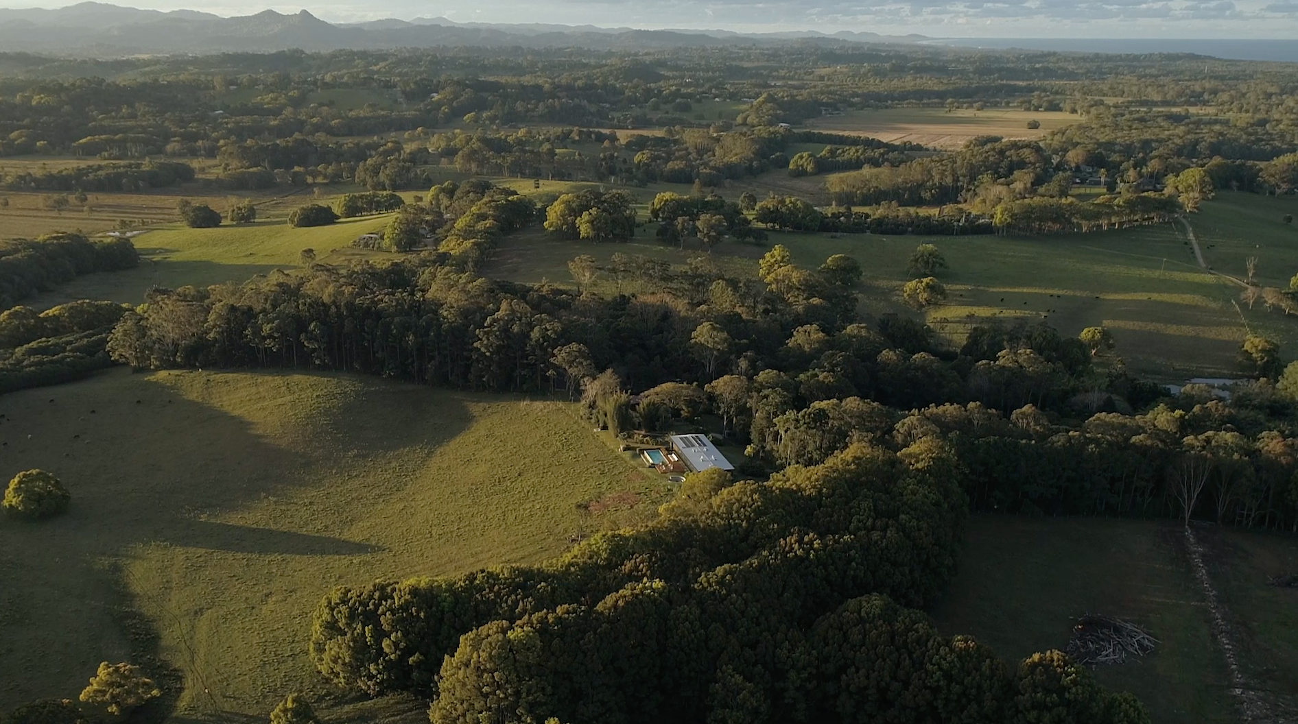 An aerial over the Byron hinterland at low sun, the pale flat-roofed residence and its pool set in a stand of eucalypts amid mown paddocks, windbreak tree lines and the ranges fading out to the coast.