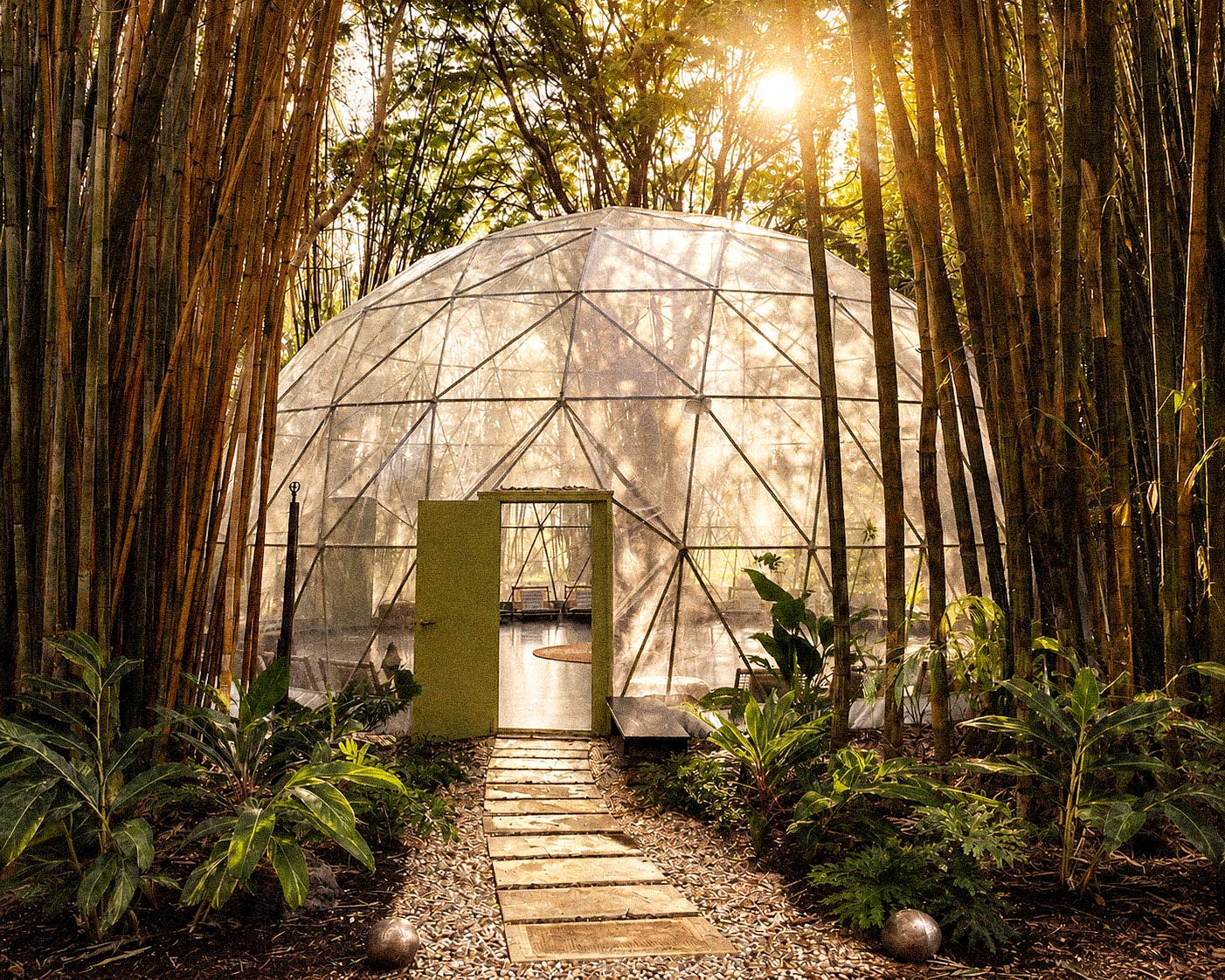 The geodesic dome standing in a grove of bamboo, its clear triangulated skin catching low sun, an olive-green door open onto polished floor and a path of stone pavers running up through gravel and gingers.