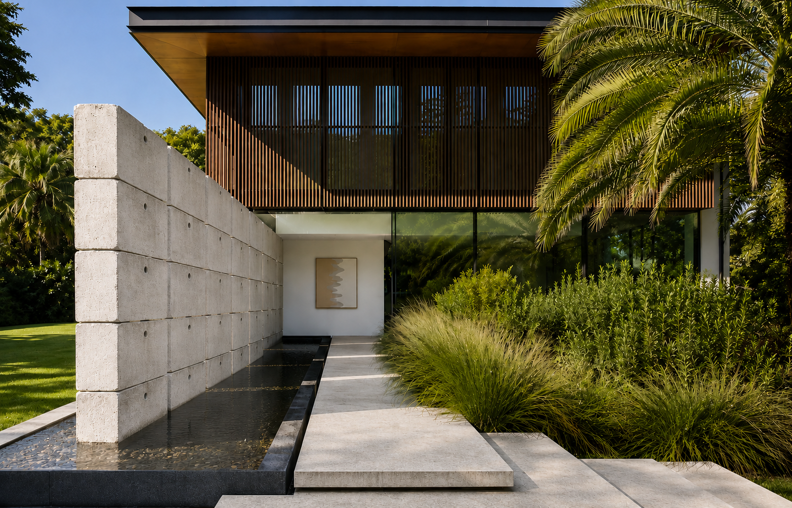 The entry approach along a black reflecting channel beside a wall of stacked concrete blocks, stepping-stone slabs crossing through tussock grasses and clipped shrubs toward a glazed doorway under a timber-battened upper storey.