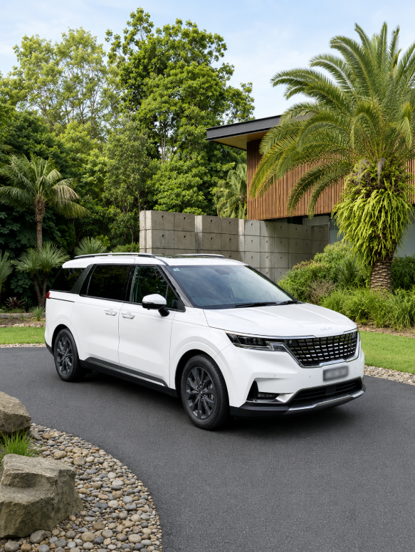 A white Kia minivan with black wheels is parked on a paved driveway in a landscaped garden area with palm trees, greenery, and a modern house in the background.