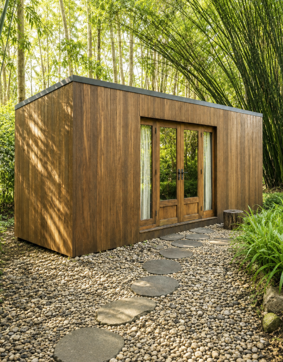 A modern wooden cabin or outdoor office with a warm brown wood-paneled exterior, glass double doors, and a stone path leading up a pebble garden bed toward it, surrounded by a lush bamboo forest.