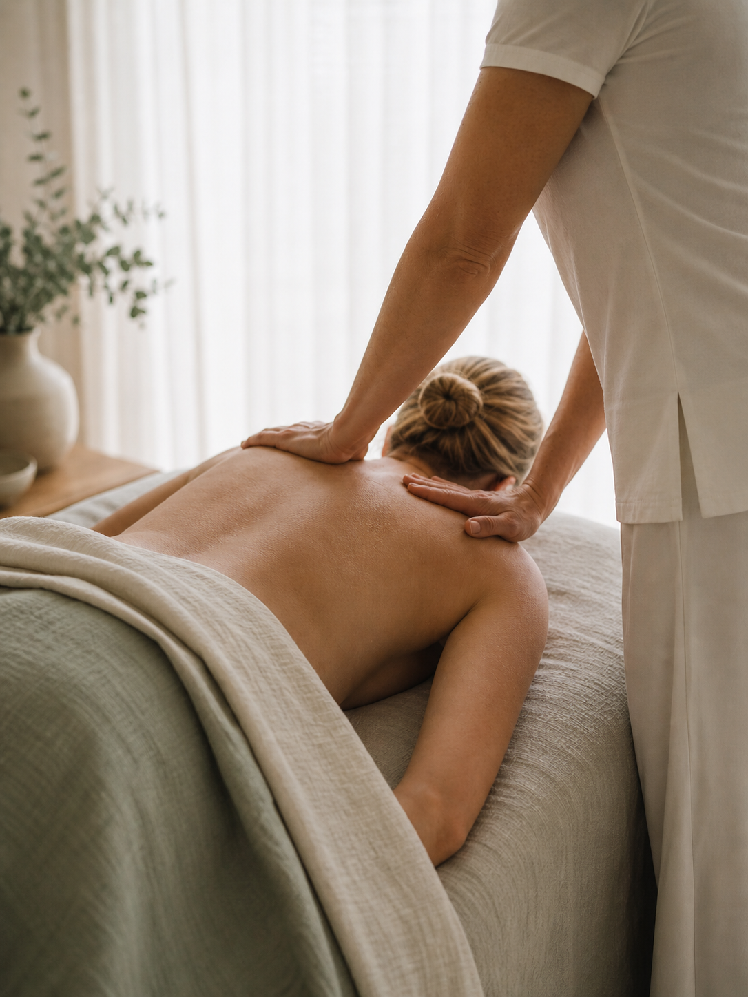 Women getting a massage in a spacious green-white room.